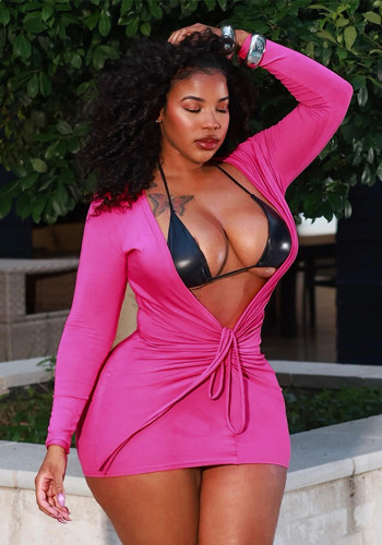Women Summer & Autumn V-Neck Long-Sleeve Gathered Drawstring Bodycon Mini Dress