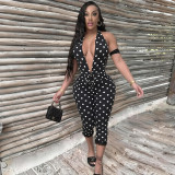 Women Sexy Polka Dot Halter Neck Backless Lace Jumpsuit