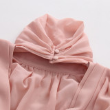 Women Elegant High-Neck Puff Sleeve Knot Pleated Dress