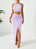 Women Holidays Pleated Halter Neck Top Slit Skirt Elegant Two-Piece Set