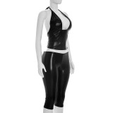 Women Summer Halter Neck Lace-Up Shiny Crop Top and Capri Pants Two-Piece Set