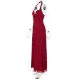 Women Summer Halter Neck V-Neck Backless Mesh Patchwork Dress