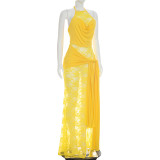 Women Summer Lace Patchwork Halter Neck Slit Ribbon Dress
