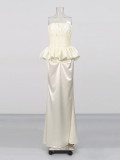 Women French Strapless Summer Sleeveless Pleated Ruffle Maxi Dress