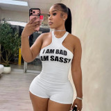 Women Letter Ruber Print Sleeveless Halter Neck Romper