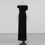 Women Pleated Off-Shoulder Maxi Dress Short-Sleeved Bodycon Dress