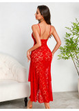 Women sexy lace suspender V neck see-through irregular slit nightdress