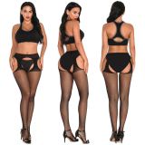 Women Suspender Four-Way Hollow-Out Suspender Stockings with Sexy Fishnet Drop Crotch Pantyhose