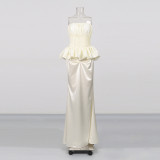 Women French Strapless Summer Sleeveless Pleated Ruffle Maxi Dress