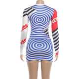 Women Summer Round Neck Long-Sleeve Top and Skirt Two-Piece Set