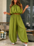 Women Halter Neck Sleeveless Crop Top and Lantern Pants Casual Two-Piece Set