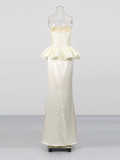 Women French Strapless Summer Sleeveless Pleated Ruffle Maxi Dress