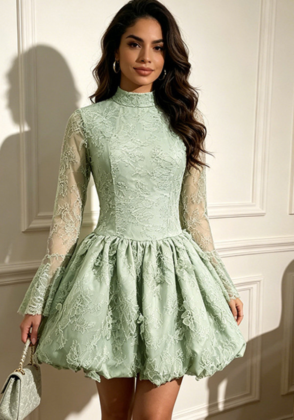Women Lace Stand Collar Long-Sleeved Tutu Skirt