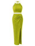 Women Holidays Pleated Halter Neck Top Slit Skirt Elegant Two-Piece Set