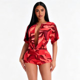 Women Holidays Printed Short-Sleeve Top and Shorts Two-Piece Set
