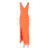 Women Summer V-Neck Slit Maxi Dress