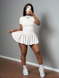 Women Round Neck Top and Pleated Skirt Two-Piece Set