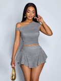 Women Casual Sexy Off-Shoulder Top and Asymmetrical Skirt Two-Piece Set