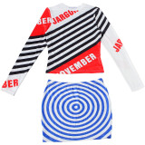 Women Summer Round Neck Long-Sleeve Top and Skirt Two-Piece Set