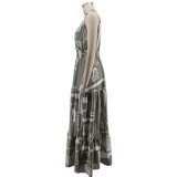 Women Summer Print Turndown Collar V Neck Sleeveless Casual Dress（Processing time need 3-6 days）