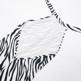 Women Sexy Zebra Print Halter Neck Backless Jumpsuit