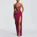 Women Spring Summer Halter Neck Tie-Up Patchwork Holiday Party Slit Dress