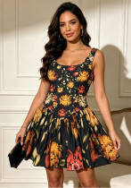 Women Printed Sleeveless Square Neck Strap Dress Women Printed Sleeveless Square Neck Strap Dress