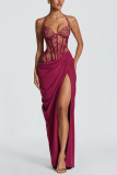 Women Spring Summer Halter Neck Tie-Up Patchwork Holiday Party Slit Dress