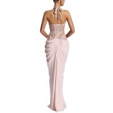 Women Spring Summer Halter Neck Tie-Up Patchwork Holiday Party Slit Dress