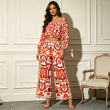 Women Printed Off-Shoulder Crop Top and Wide-Leg Trousers Two-Piece Set