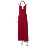Women Summer Halter Neck V-Neck Backless Mesh Patchwork Dress