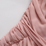 Women Elegant High-Neck Puff Sleeve Knot Pleated Dress