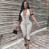 Women Sexy Polka Dot Halter Neck Backless Lace Jumpsuit