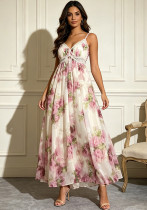Women French Elegant V-Neck Camisole Lace Patchwork Maxi Dress
