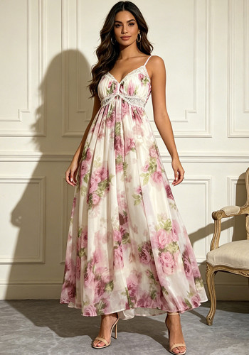 Women French Elegant V-Neck Camisole Lace Patchwork Maxi Dress