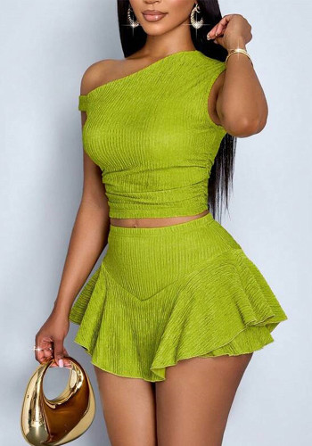 Women Slash Shoulder Top Ruffle and Skirt Two-Piece Set