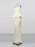 Women French Strapless Summer Sleeveless Pleated Ruffle Maxi Dress