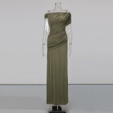 Women Pleated Off-Shoulder Maxi Dress Short-Sleeved Bodycon Dress