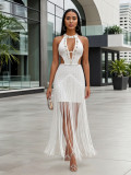 Shell Embellished Halter Neck Low Back Fringe Maxi Evening Dress