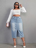 Plus Size High Waist Front Slit Washed Midi Denim Skirt