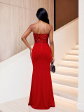 Fashion Strapless Sequin Ruched Slim Waist Mermaid Maxi Evening Dress