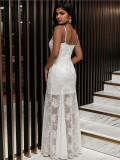 Fashion White Beaded Lace Strap Maxi Evening Dress
