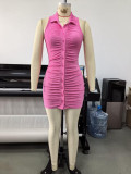 Women's American Sleeveless Turndown Collar Ruched Slim Fit Bodycon Mini Dress