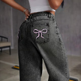 High Waist High Stretch Bow Embroidery Straight-Leg Denim Pants for Women