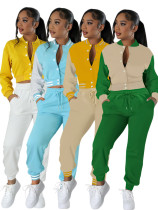 Women Patchwork Baseball Jacket and Pants Two-piece Set Women Patchwork Baseball Jacket and Pants Two-piece Set