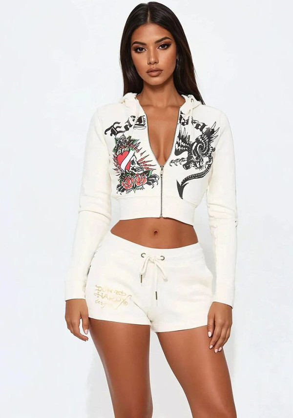 Print Casual Long Sleeve Jacket & Tie-Waist Shorts Set