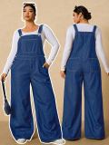 Plus Size Washed Multi-Pocket Loose Denim Overall Jumpsuit for Women