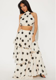 Elegant Polka Dot Sleeveless Cascading Ruffles Two-Piece Skirt Set