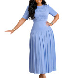 Women's Pleated Round Neck Patchwork Ruched Dress