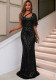 Black One-Shoulder Sequin Mermaid Maxi Evening Dress